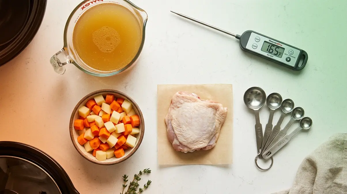 Slow Cooker Guide For Beginners: Safety, Tips &Amp; Recipes 4 Slow cooker safety prep essentials including measuring cup, meat thermometer, raw chicken, and root vegetables on a counter