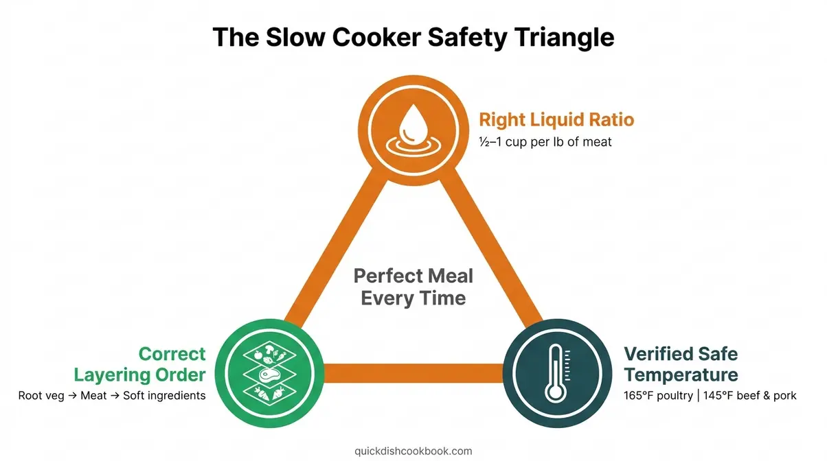Slow Cooker Guide For Beginners: Safety, Tips &Amp; Recipes 5 Triangular diagram showing the Slow Cooker Safety Triangle: liquid ratio, layering order, and safe internal temperature
