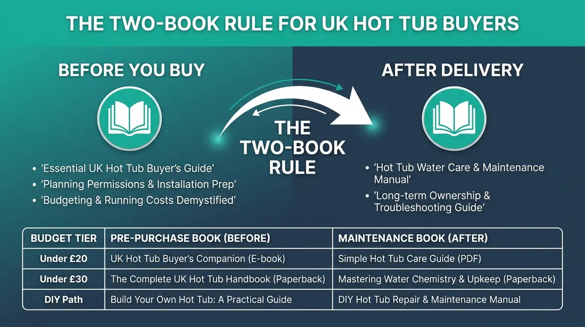 Best Hot Tub Books for UK Buyers: 6 Expert Guides 13 Diagram showing the Two-Book Rule pairing pre-purchase and maintenance hot tub guides for UK small hot tub buyers