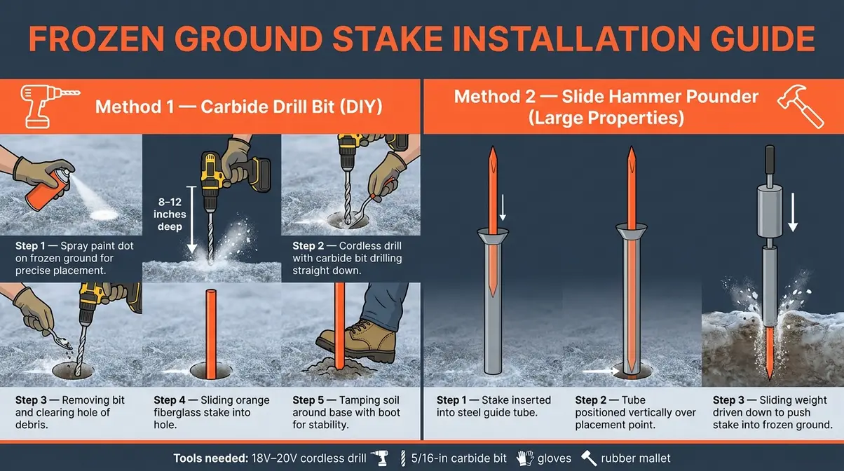 Step-by-step installation diagram showing carbide drill bit and slide hammer methods for installing snow stakes in frozen ground