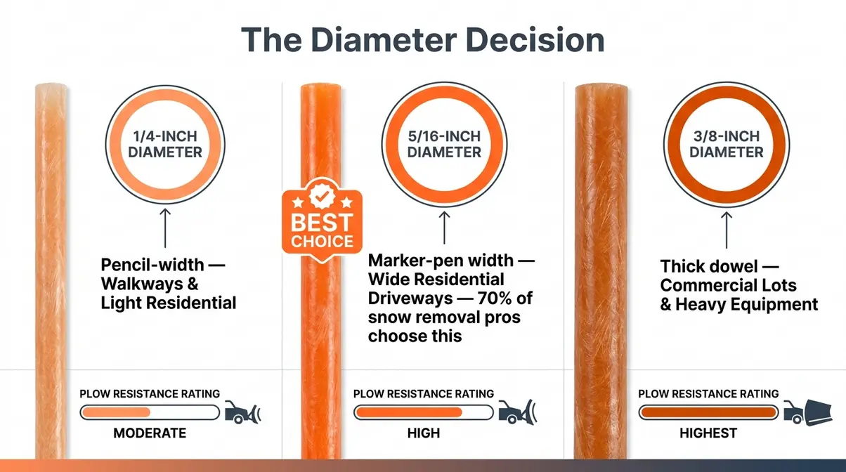 Snow stake diameter comparison infographic showing 1/4 inch walkway stakes versus 5/16 inch wide winter driveway stakes