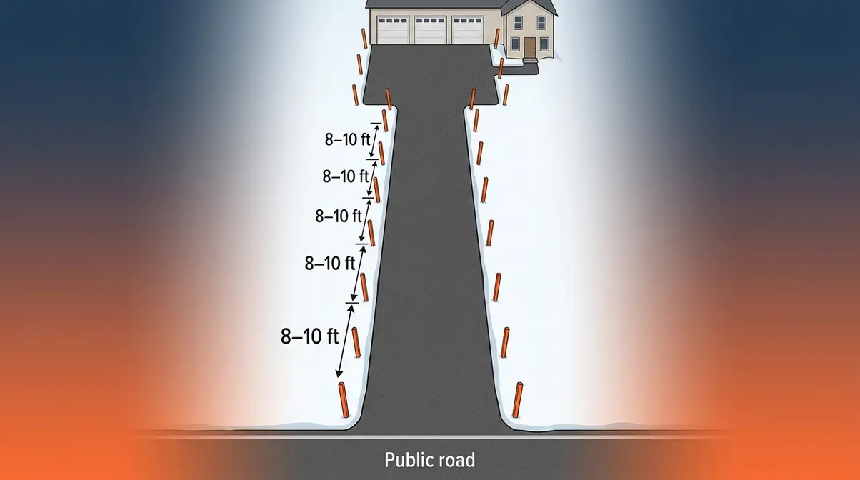 Overhead driveway diagram showing correct snow stake placement spacing along both sides