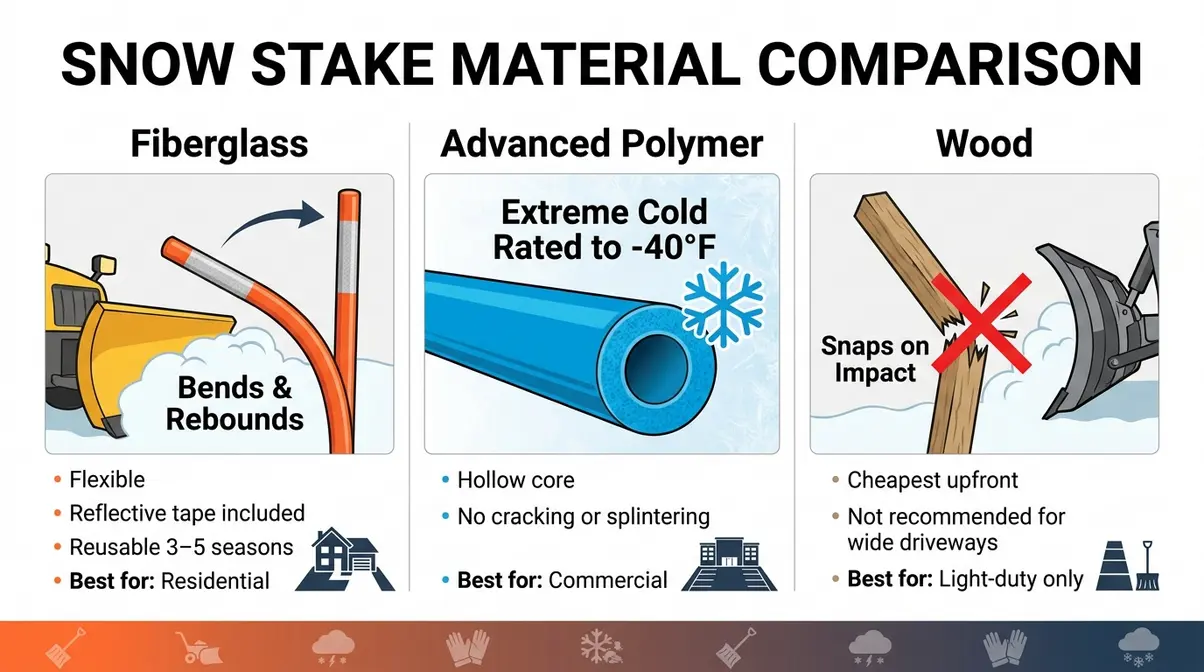 Comparison infographic of fiberglass polymer and wood snow stake materials for winter driveway protection