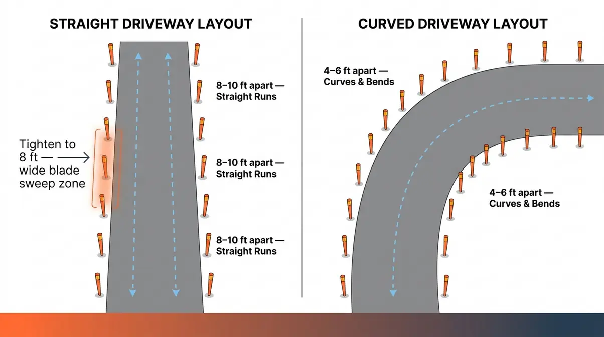 Driveway layout diagram showing 8 to 10 foot spacing on straight sections and 4 to 6 foot spacing on curves for wide winter snow stakes