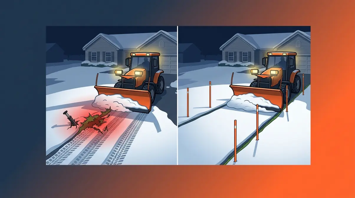 Side-by-side comparison of driveway with and without snow stakes showing plow damage prevention