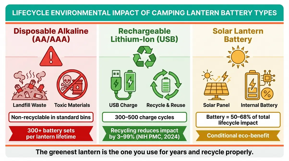 Infographic comparing carbon footprint and toxicity of disposable alkaline, rechargeable lithium-ion, and solar lantern batteries