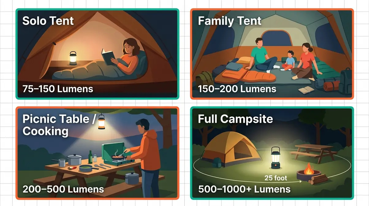 Camping lantern lumen guide showing recommended brightness for tent, cooking area, and full campsite