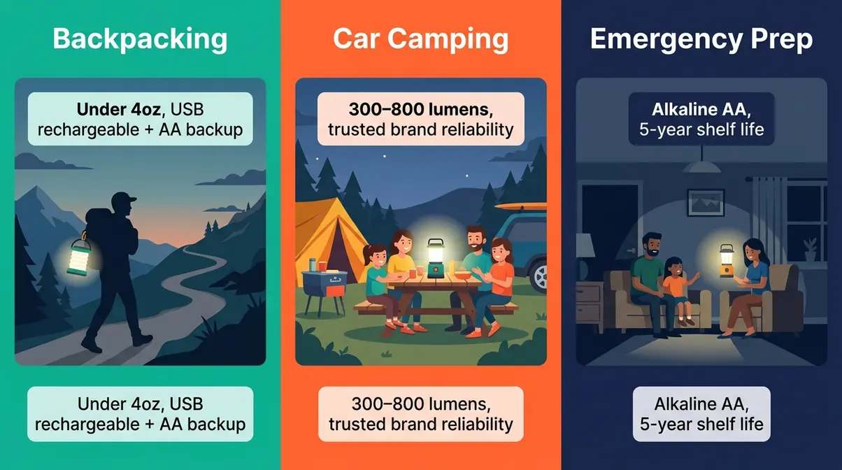 Camping lantern decision guide showing best lantern type for backpacking, car camping, and emergency use