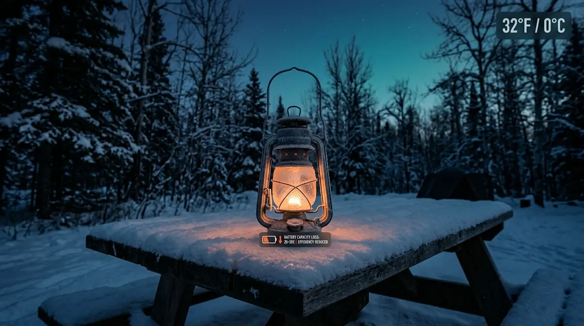 Camping lantern on snow-covered table showing cold weather battery drain at 32 degrees Fahrenheit