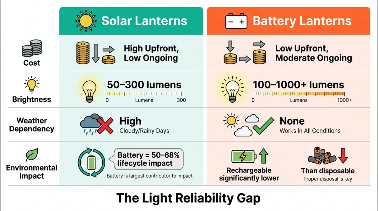 Solar vs battery camping lanterns comparison infographic showing cost, brightness, and environmental impact