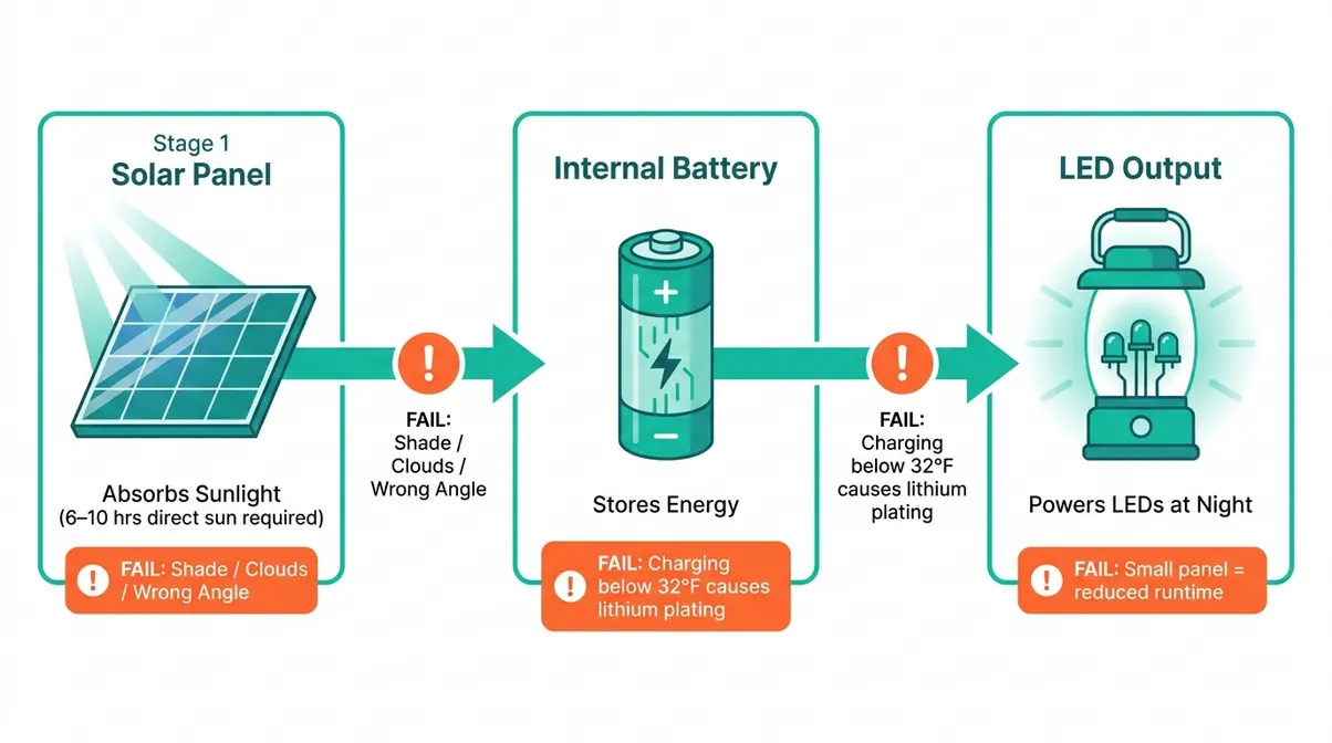 Diagram showing how solar camping lantern charging works from panel to battery to light output