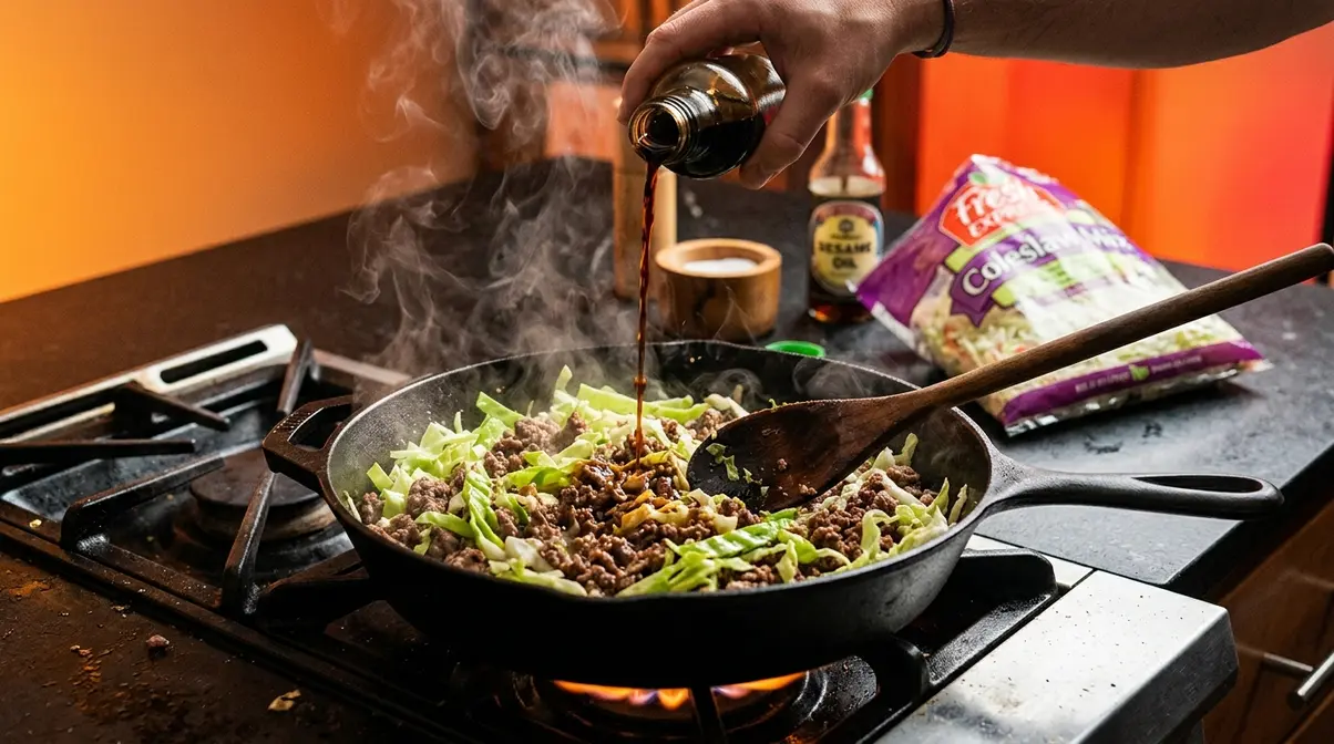 25 Quick Dinner Recipes Ready In 30 Minutes Or Less 3 Sizzling skillet with ground meat and cabbage for a fast 15-minute express dinner recipe