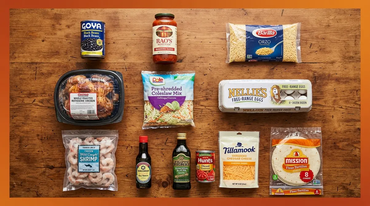 25 Quick Dinner Recipes Ready In 30 Minutes Or Less 2 Overhead view of 12 quick dinner pantry staples including canned beans, rotisserie chicken, and tortillas