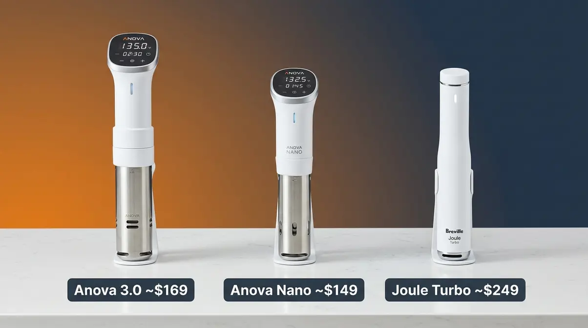 Sous Vide Vs Instant Pot: Which Should You Buy? (2026) 4 Anova Precision Cooker 3.0, Anova Nano, and Breville Joule Turbo immersion circulators compared side by side