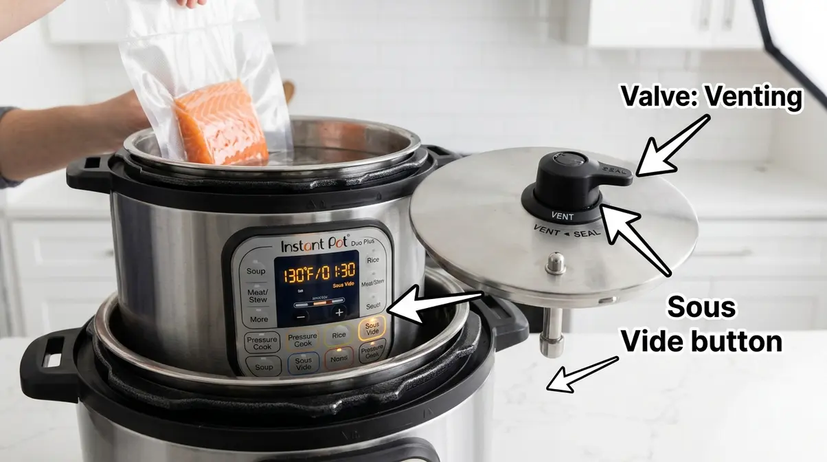 Sous Vide Vs Instant Pot: Which Should You Buy? (2026) 2 Instant Pot Duo Plus sous vide mode control panel showing temperature setting and venting valve position