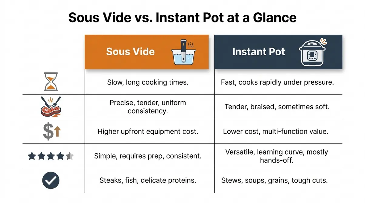 Sous Vide Vs Instant Pot: Which Should You Buy? (2026) 5 Sous vide vs Instant Pot comparison infographic showing speed texture cost and ease of use ratings