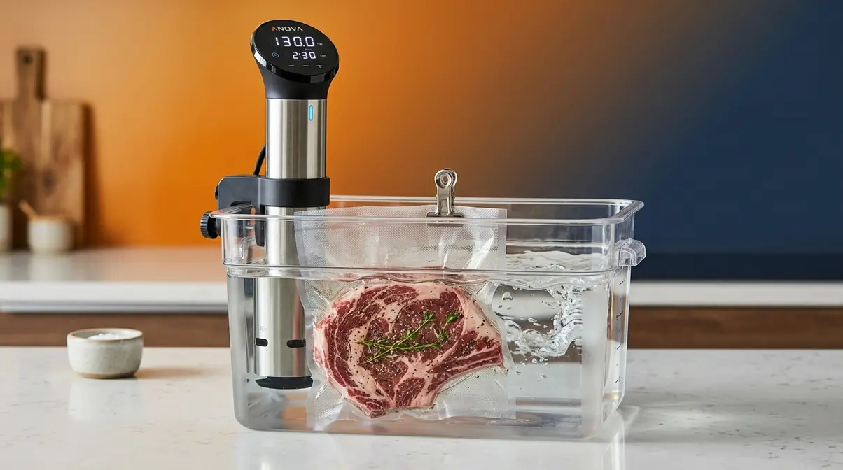 Sous Vide Vs Instant Pot: Which Should You Buy? (2026) 1 Sous vide immersion circulator in water bath with vacuum-sealed steak bag at 130 degrees