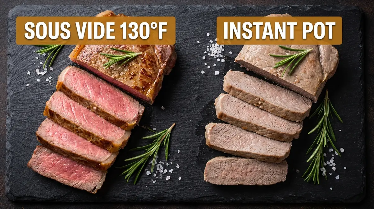 Sous Vide Vs Instant Pot: Which Should You Buy? (2026) 6 Sous vide steak cross-section showing edge-to-edge pink versus Instant Pot steak showing gray throughout