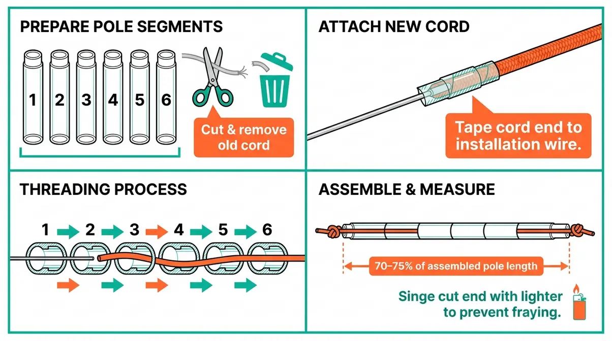 Diagram showing how to thread new shock cord through tent pole segments using an installation wire for spare tent pole set repair