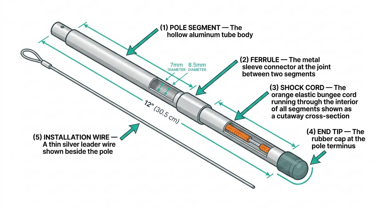 Labeled anatomy diagram of a spare tent pole set showing pole segment, ferrule, shock cord, end tip, and installation wire