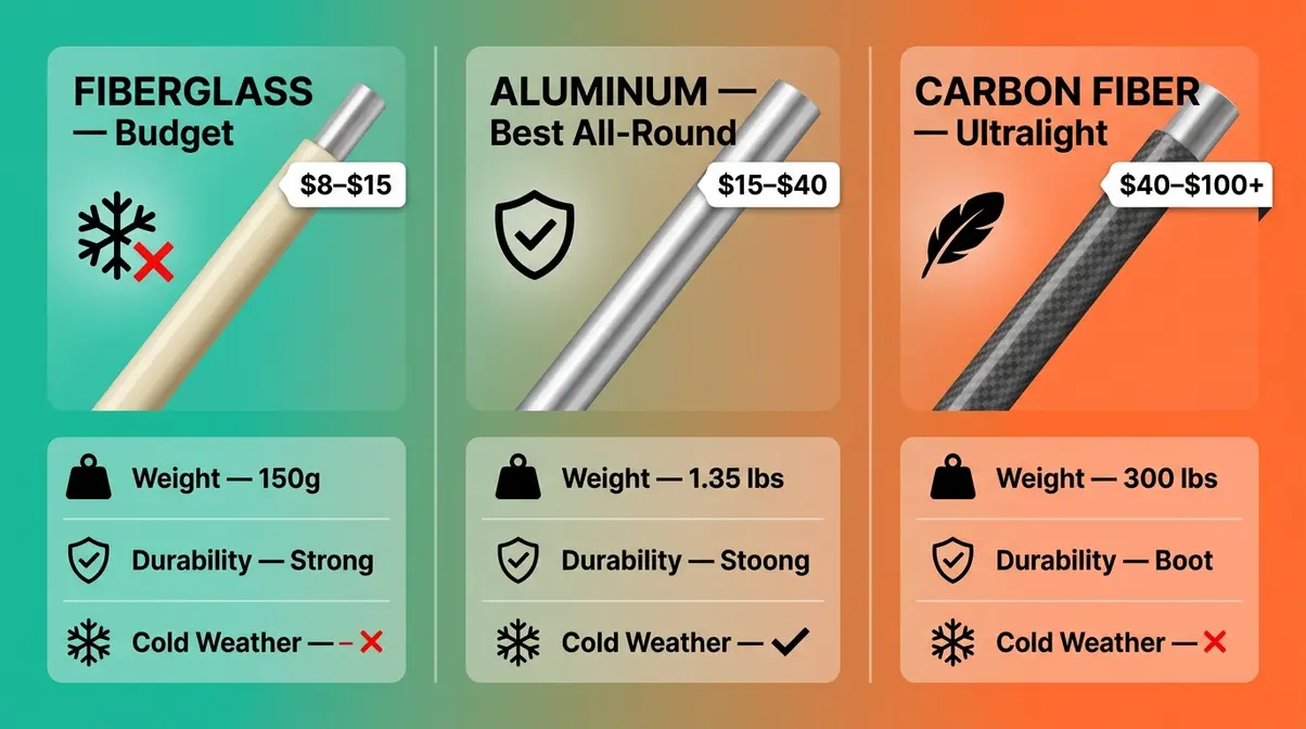 Side-by-side comparison of fiberglass, aluminum, and carbon fiber spare tent pole set materials with specs