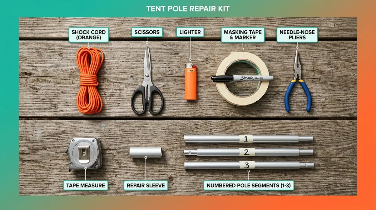 Tools and materials needed for spare tent pole set repair including shock cord, scissors, pliers, and repair sleeve