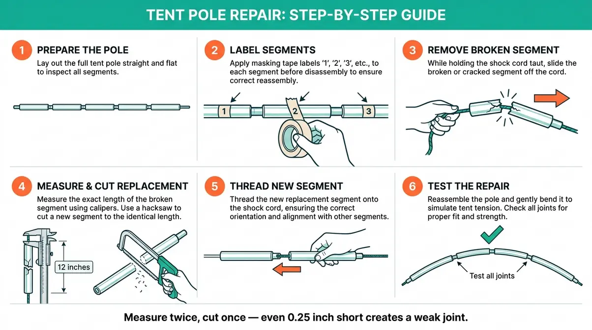 Step-by-step diagram showing removal and replacement of a broken tent pole segment on a spare tent pole set