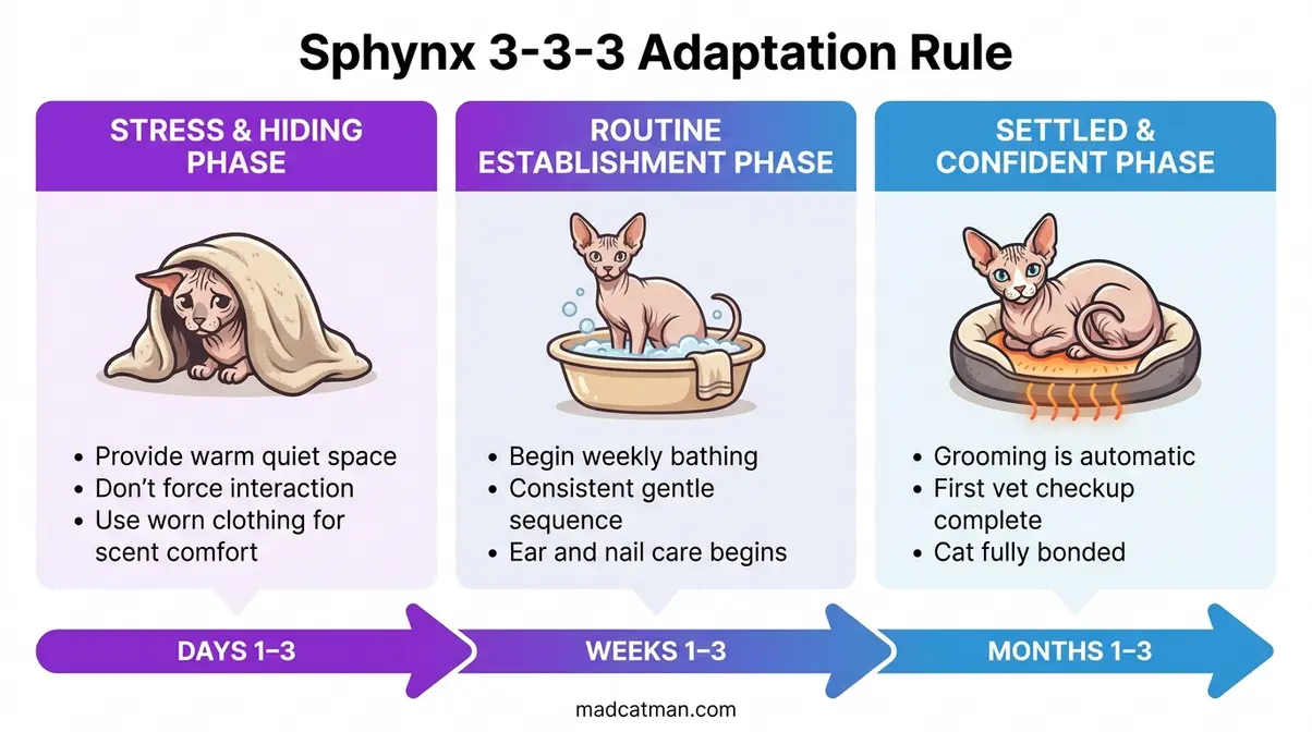 Sphynx cat 3-3-3 adaptation rule timeline chart for new owners