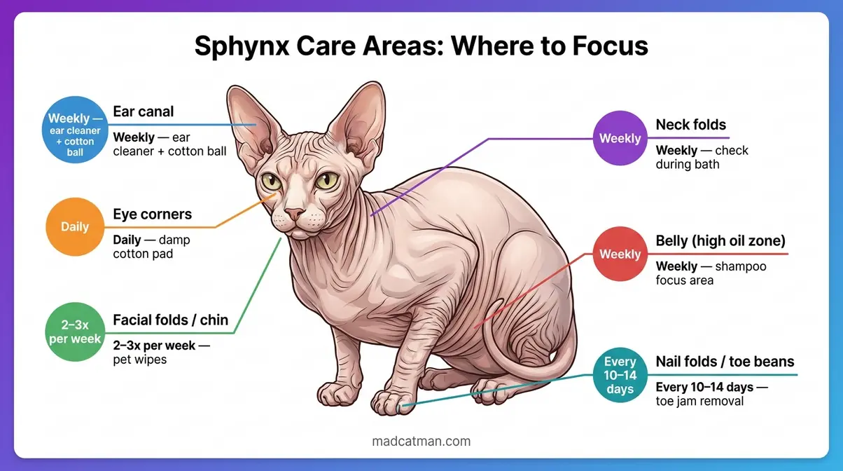 Sphynx cat anatomy diagram showing grooming care areas and frequency for skin health