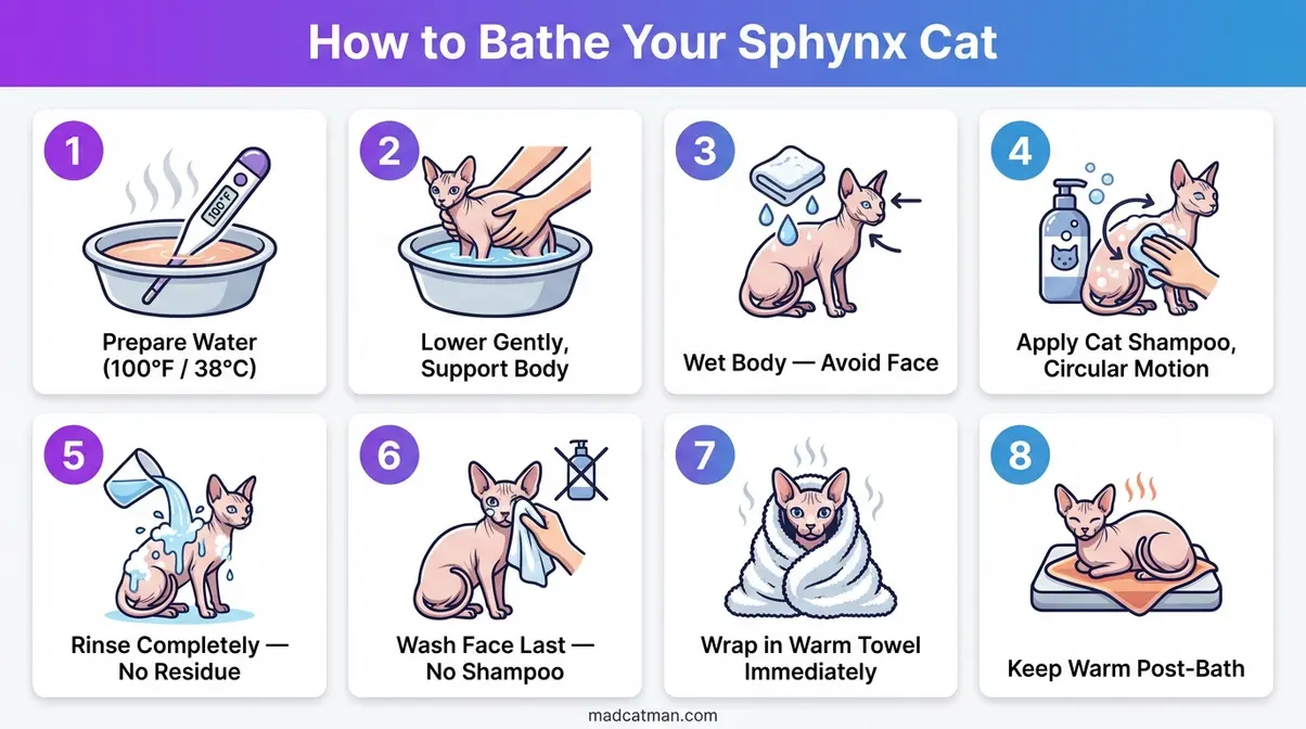Step-by-step sphynx cat care guide bathing infographic showing 8 steps from water prep to post-bath warming