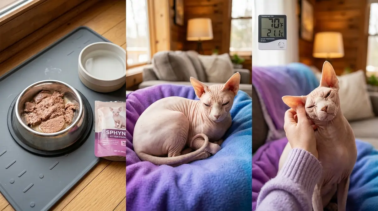 Sphynx cat eating from a bowl beside a heated bed showing feeding warmth and social care needs