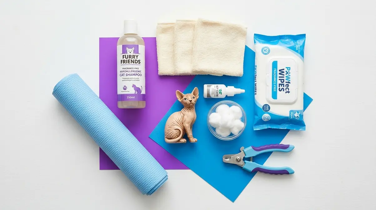 Sphynx cat weekly grooming supplies laid out including shampoo, ear cleaner, and nail clippers