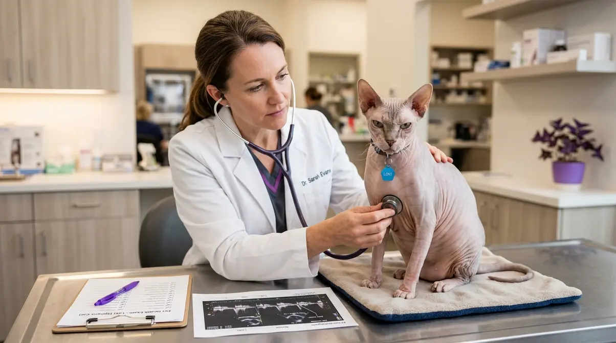 Veterinarian examining a Sphynx cat with a stethoscope for HCM cardiac health screening