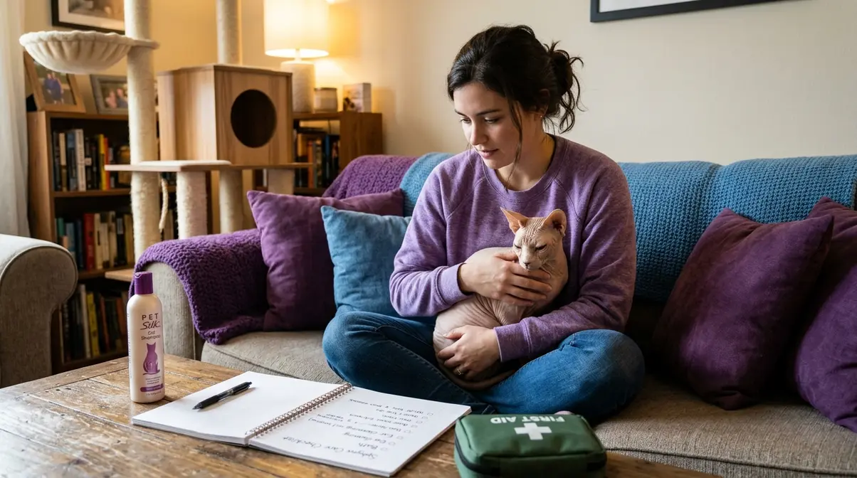 Person holding a Sphynx cat while reviewing a care checklist before ownership
