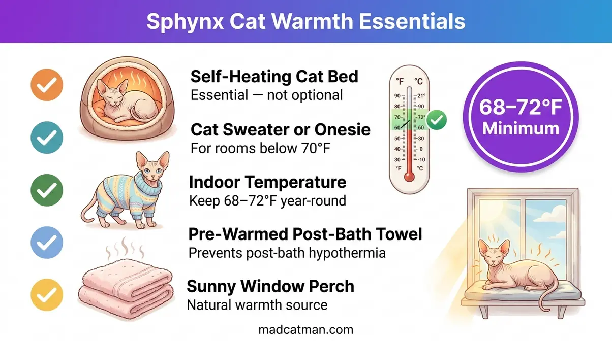Sphynx cat warmth essentials checklist showing heated bed and indoor temperature requirements