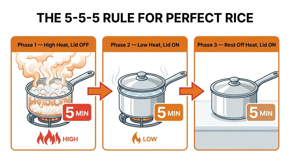 Spicy Rice Bowl Recipe: 5-Step Guide + 5-5-5 Rice Method 3 Diagram of the 5-5-5 Rule for cooking perfect rice for a spicy rice bowl