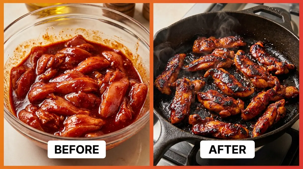 Spicy Rice Bowl Recipe: 5-Step Guide + 5-5-5 Rice Method 5 Gochujang chicken for spicy rice bowl recipe before and after cooking in skillet