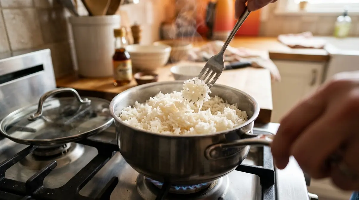 Spicy Rice Bowl Recipe: 5-Step Guide + 5-5-5 Rice Method 2 Perfectly cooked fluffy jasmine rice in saucepan using the stovetop 5-5-5 method