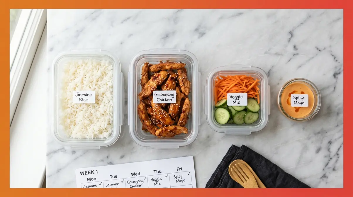Spicy Rice Bowl Recipe: 5-Step Guide + 5-5-5 Rice Method 7 Spicy rice bowl meal prep containers with rice, chicken, sauce, and vegetables stored separately