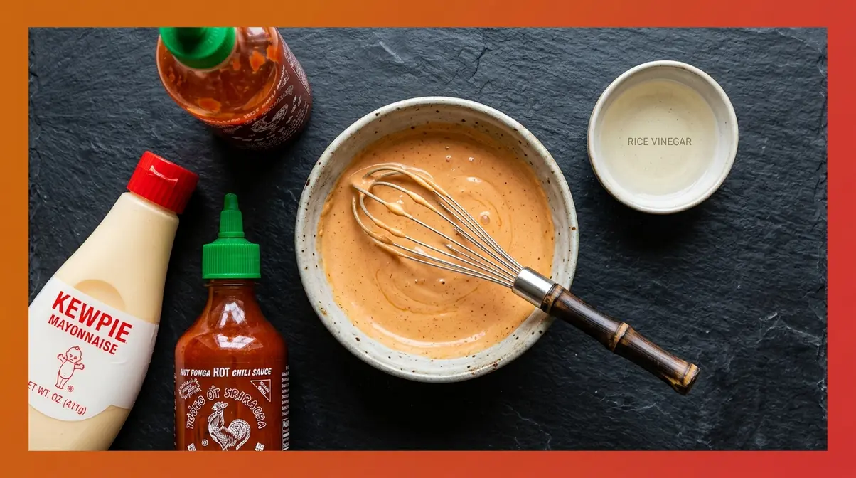 Spicy Rice Bowl Recipe: 5-Step Guide + 5-5-5 Rice Method 4 Spicy mayo sauce being whisked in bowl with Kewpie mayo and sriracha ingredients