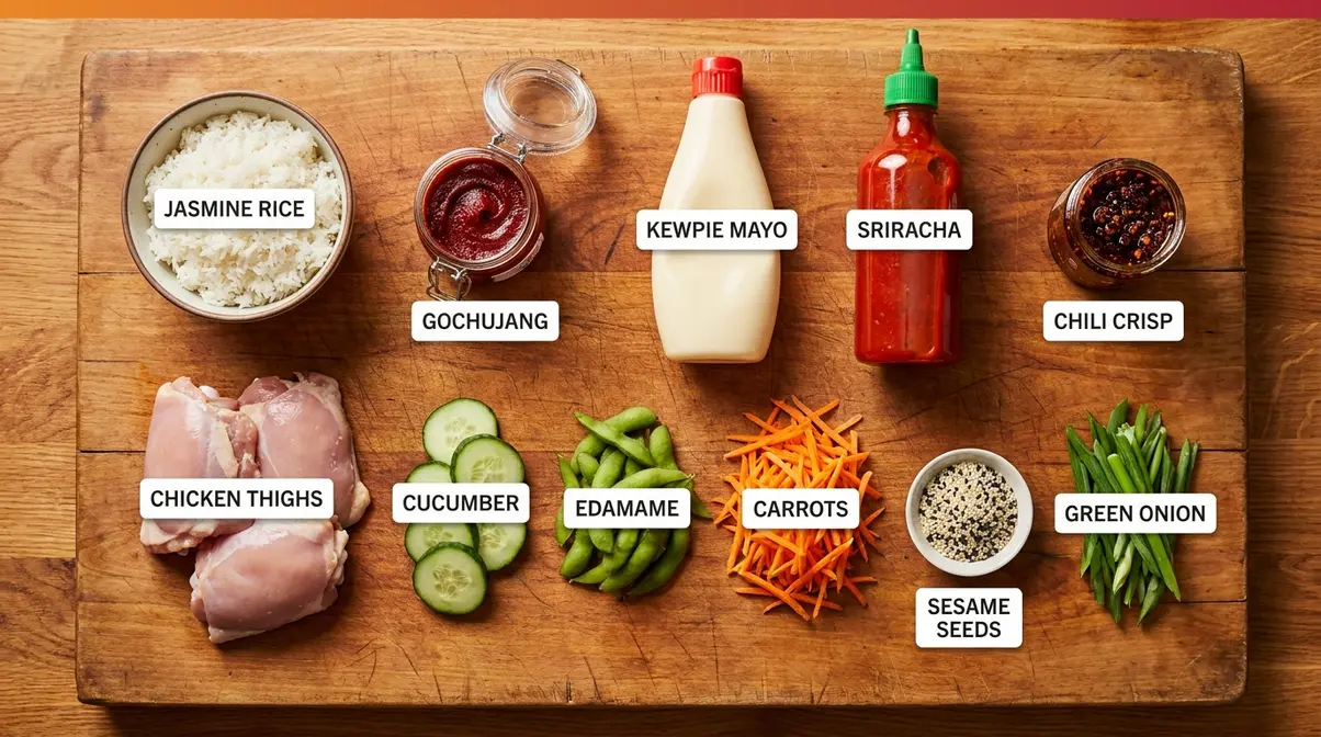 Spicy Rice Bowl Recipe: 5-Step Guide + 5-5-5 Rice Method 1 Flat-lay of all ingredients for spicy rice bowl recipe on wooden cutting board