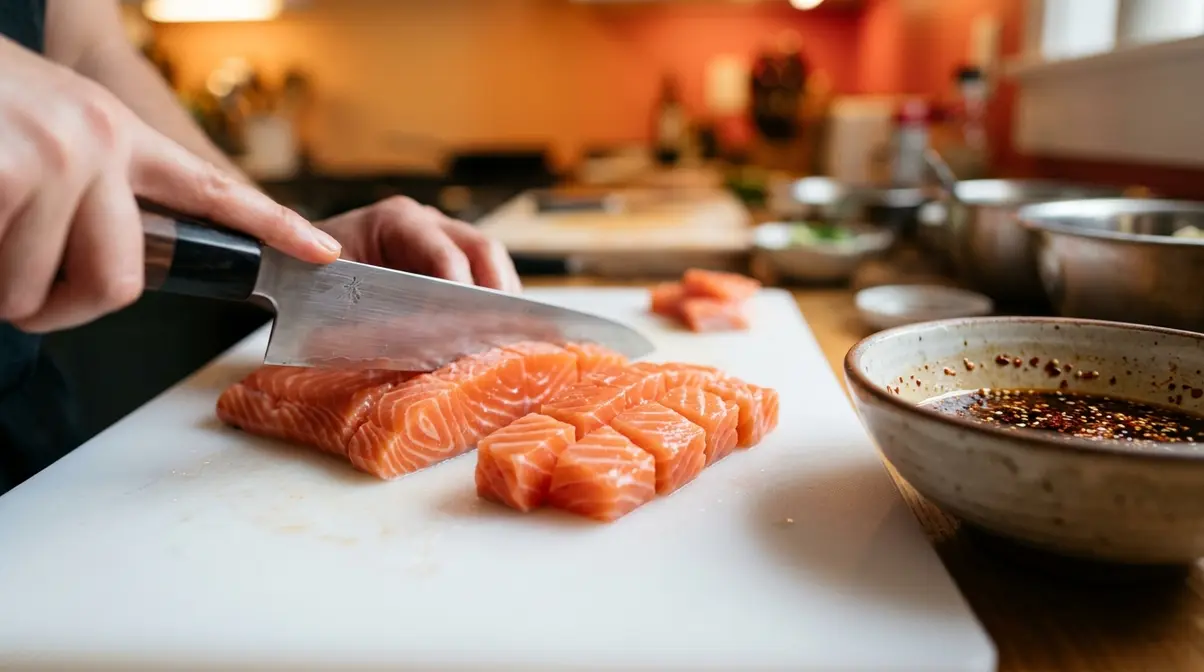 Spicy Rice Bowl Recipe: 5-Step Guide + 5-5-5 Rice Method 6 Sushi-grade salmon being diced for spicy salmon rice bowl TikTok style preparation