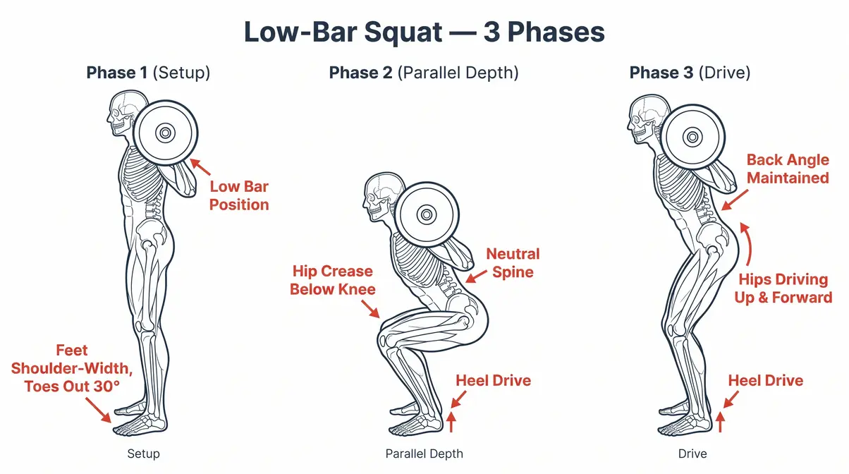 Starting Strength low-bar squat technique diagram for beginners showing three phases