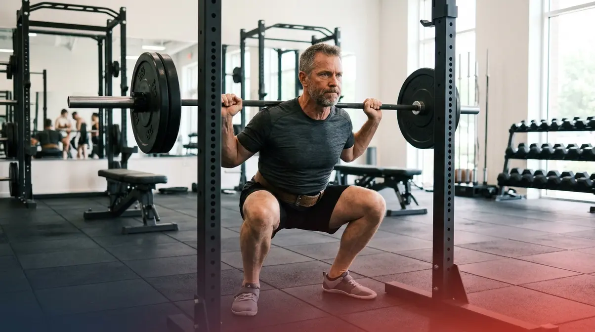 Adult lifter over 50 performing barbell squat with proper form in gym
