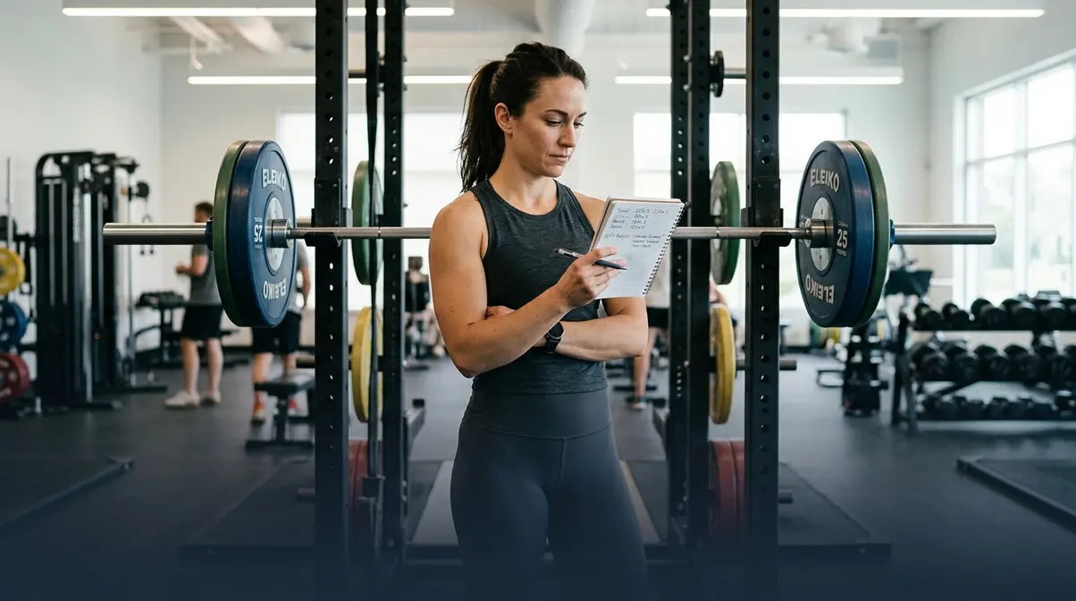 Lifter reviewing training log to troubleshoot stalled barbell lift progress in gym