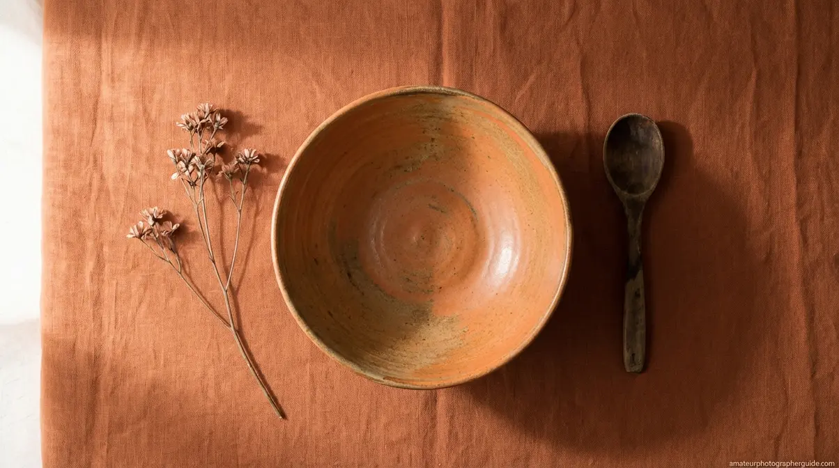 Overhead still life composition showing rule of odds with hero ceramic bowl and two supporting props on linen background