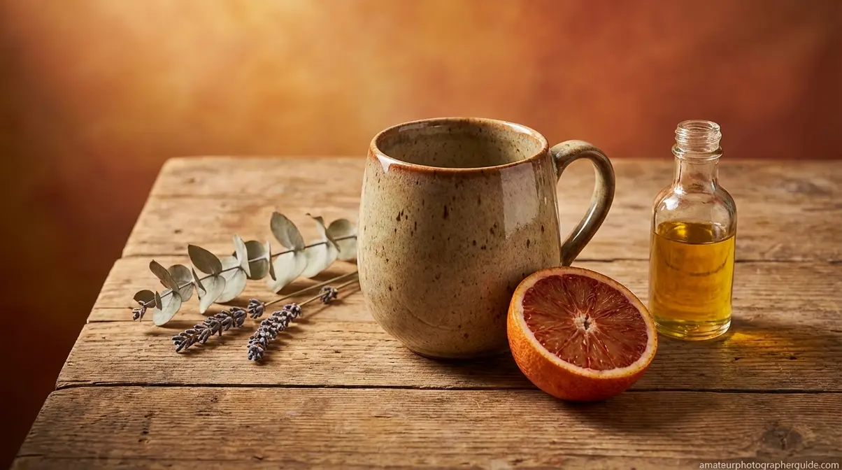 Creative still life photography ideas at home using ceramic mug, citrus fruit, glass bottle, and dried botanicals on wood surface