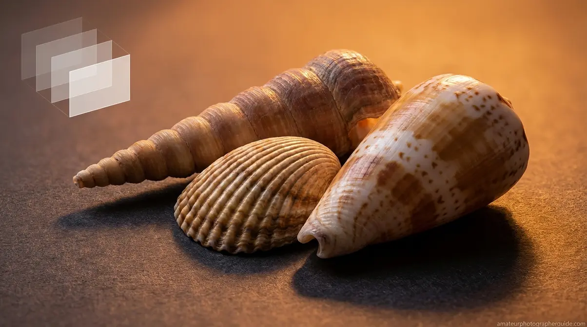 Advanced still life focus stacking result showing edge-to-edge sharpness across three seashells on dark background