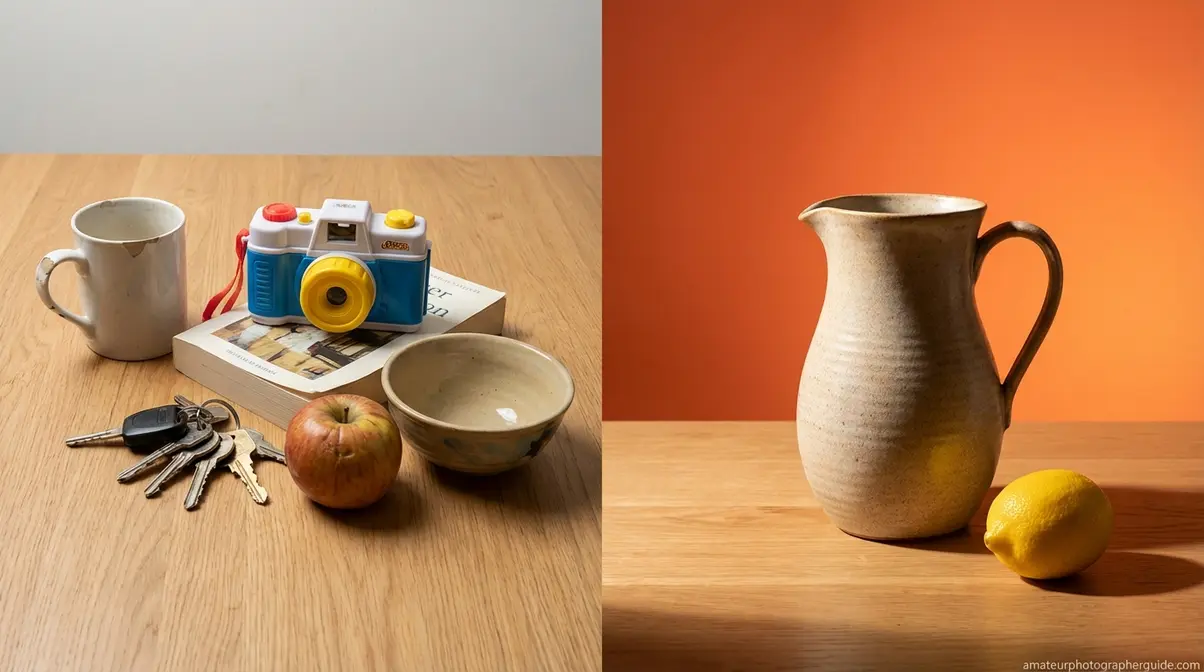 Before and after still life photography comparison showing cluttered flat-lit scene versus hero-object composition with sidelighting