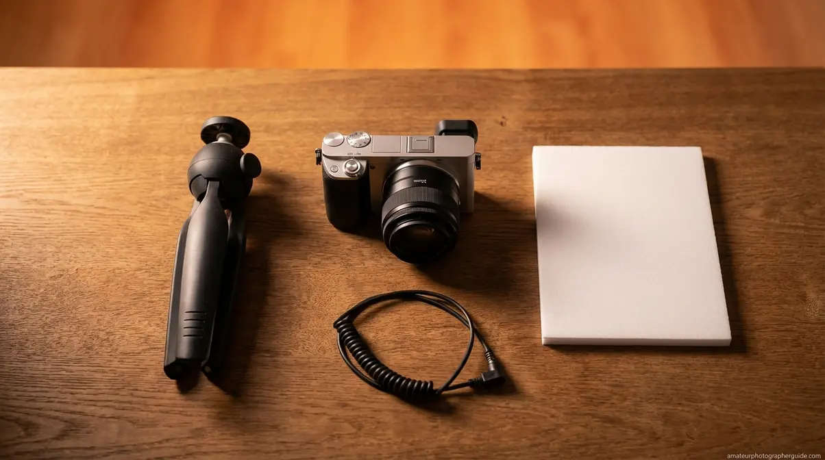 Essential still life photography gear including camera, 50mm prime lens, tripod, and white foam board reflector
